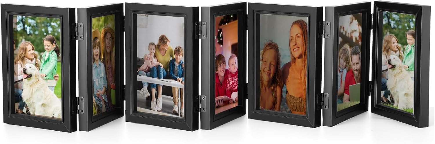 Sintuff 7 Picture Frame 4 x 6 Folding Hinged Picture Frames Foldable Photo High Definition Natural Wood Collage Mounts Rustic Desktop Acrylic Mounts for Family Wall Decor, Black