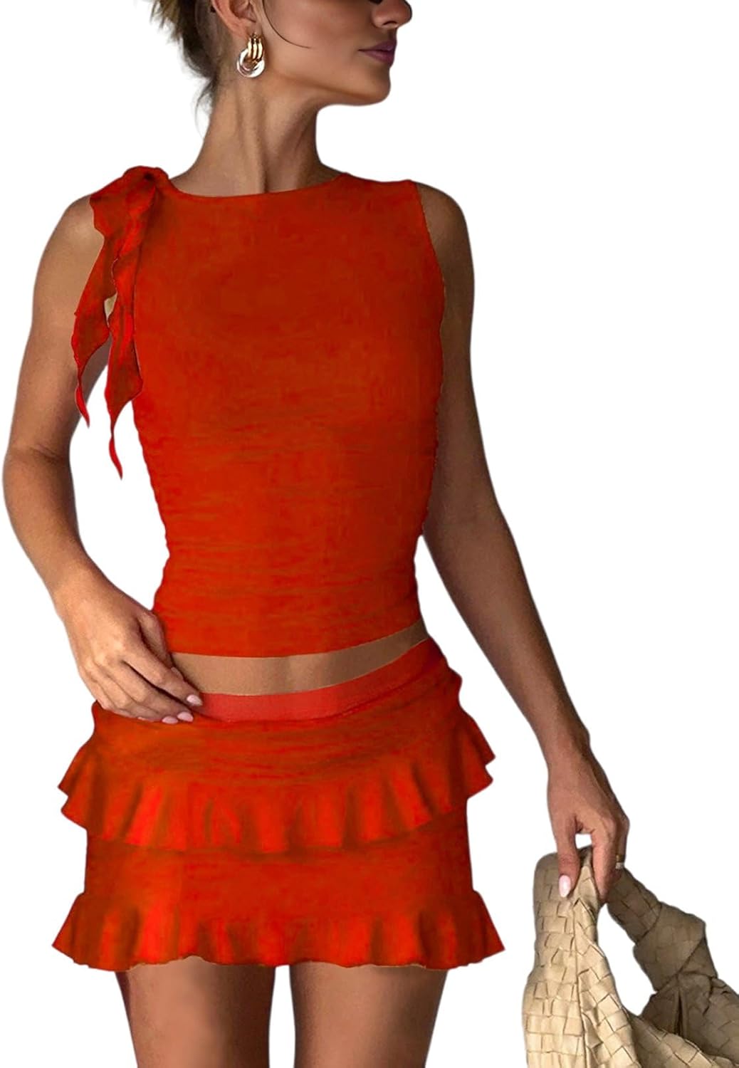 2 Piece Sets for Women Y2k Going Out Ruffle Trim Ruched Tank Top And High Waist Skirt Set Club Mini Dress - Image 4