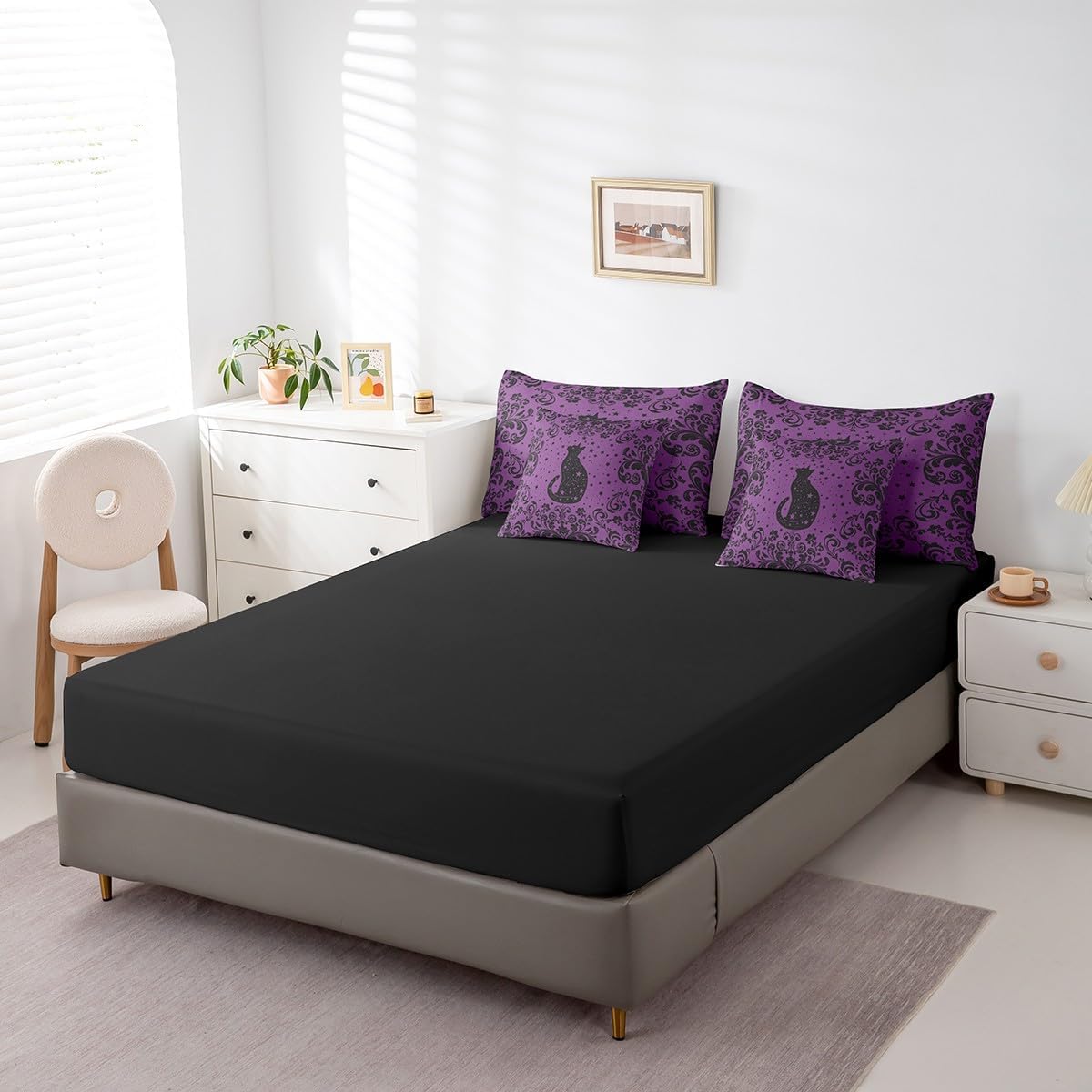 Erosebridal Boho Black Cat Queen Bedding Set 7 Piece Purple Black Halloween Gothic Comforter Set with Sheets for Girls Women Exotic Damask Goth Cat Bed in A Bag Hippie Stars Moon Animal Bed Set