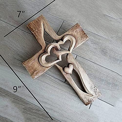 QKFON Gesneden houten kruis met holle verweven harten opknoping liefde buitenshuis verweven harten decoratieve paar familie muur decor een liefde beloften gehouden - Image 4