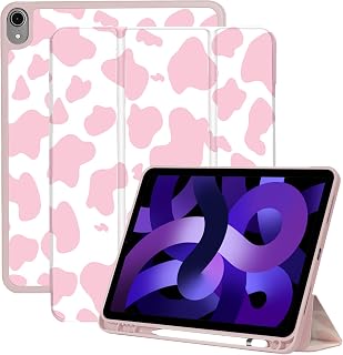 Deokke Compatible with iPad Air 5th Generation Case 2022/iPad Air 4th Generation Case 2020 10.9 Inch with Pencil Holder and Soft TPU Back Case,Auto Sleep/Wake-Pink Cow Pattern Western