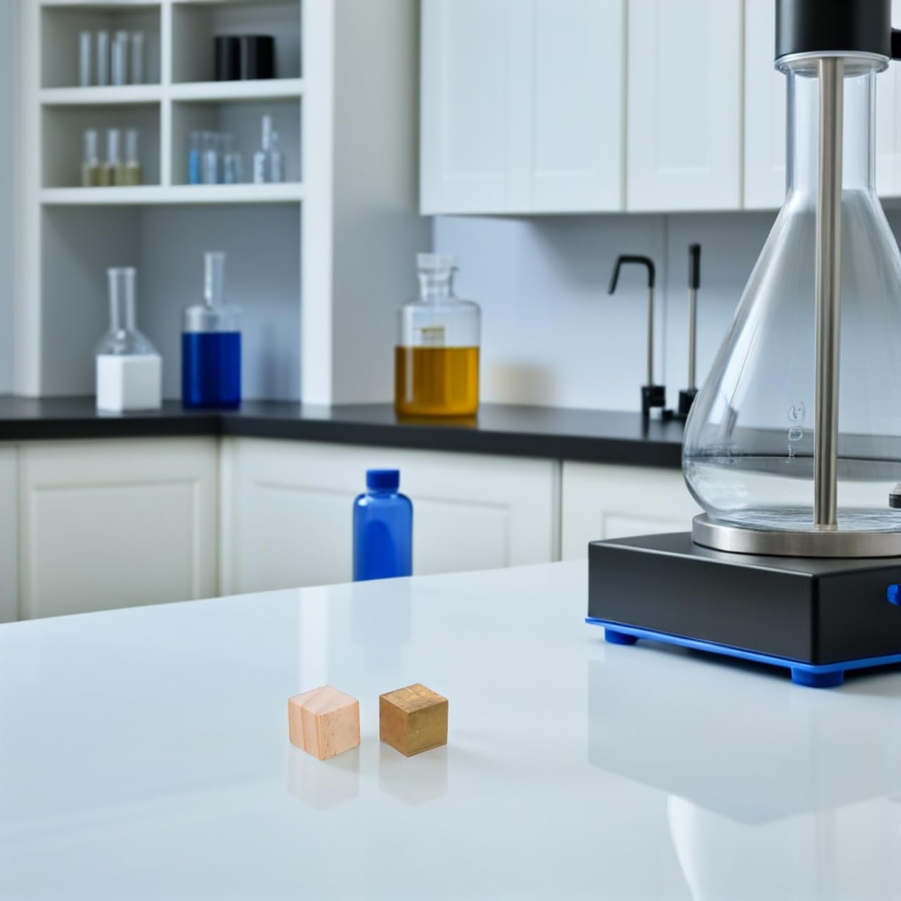 OUNONA Lot de 7 cubes de densité métallique de précision, composés de blocs d'aluminium et de fer et cylindres en cuivre, pour expériences scientifiques, projets physiques, démonstrations pédagogiques