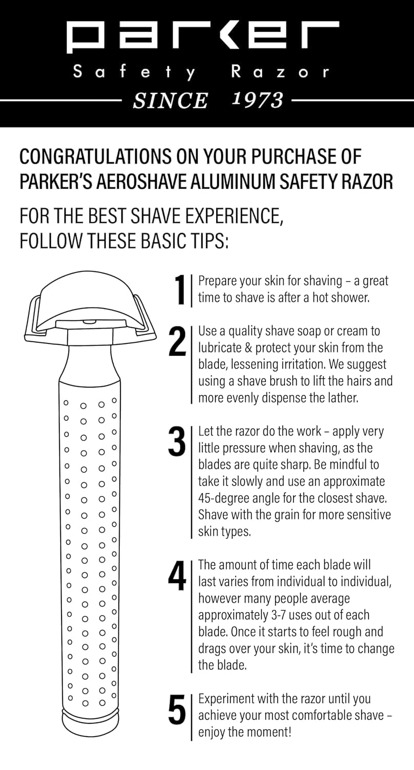 Parker Safety Razor - AeroShave - Rasoio di sicurezza a doppio bordo in alluminio con 5 lame - Angolo di 35 ° con esposizione della lama di precisione - Per uomini e donne - Aggressività lieve