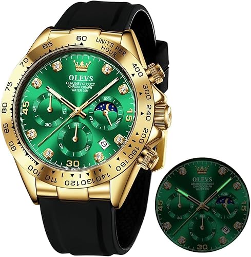 OLEVS Herrenuhr Business Luxus Diamond Moon Phase Männliche Uhr Chronograph Grün Zifferblatt Mode Kleid wasserdichte Datum Analoge wasserdichte Männer Armbanduhr