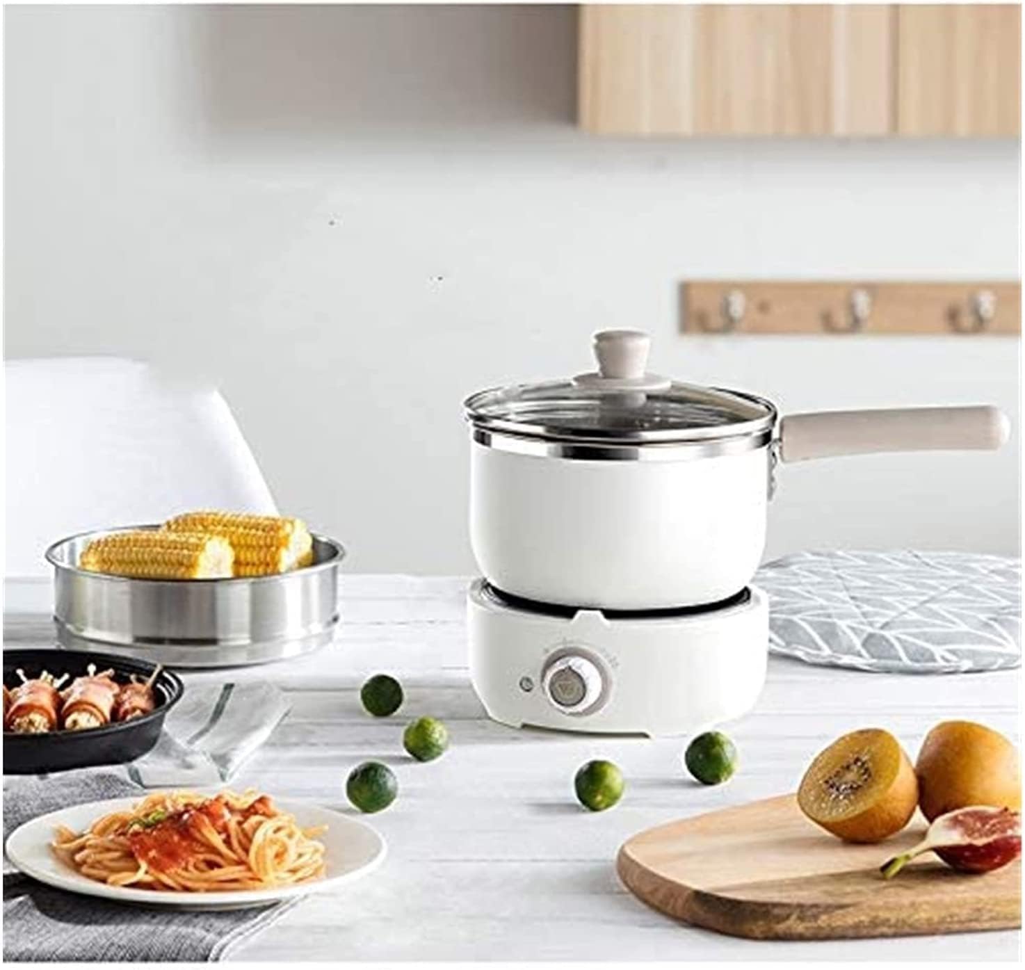 Hot Pot Electric, 1.2L Non-stick Mini Pot Multi-purpose with Stainless Steel Food Steamer and Temperature Control for Rapid Noodles, Egg cooker, Steak, Steam, Oatmeal and Soup