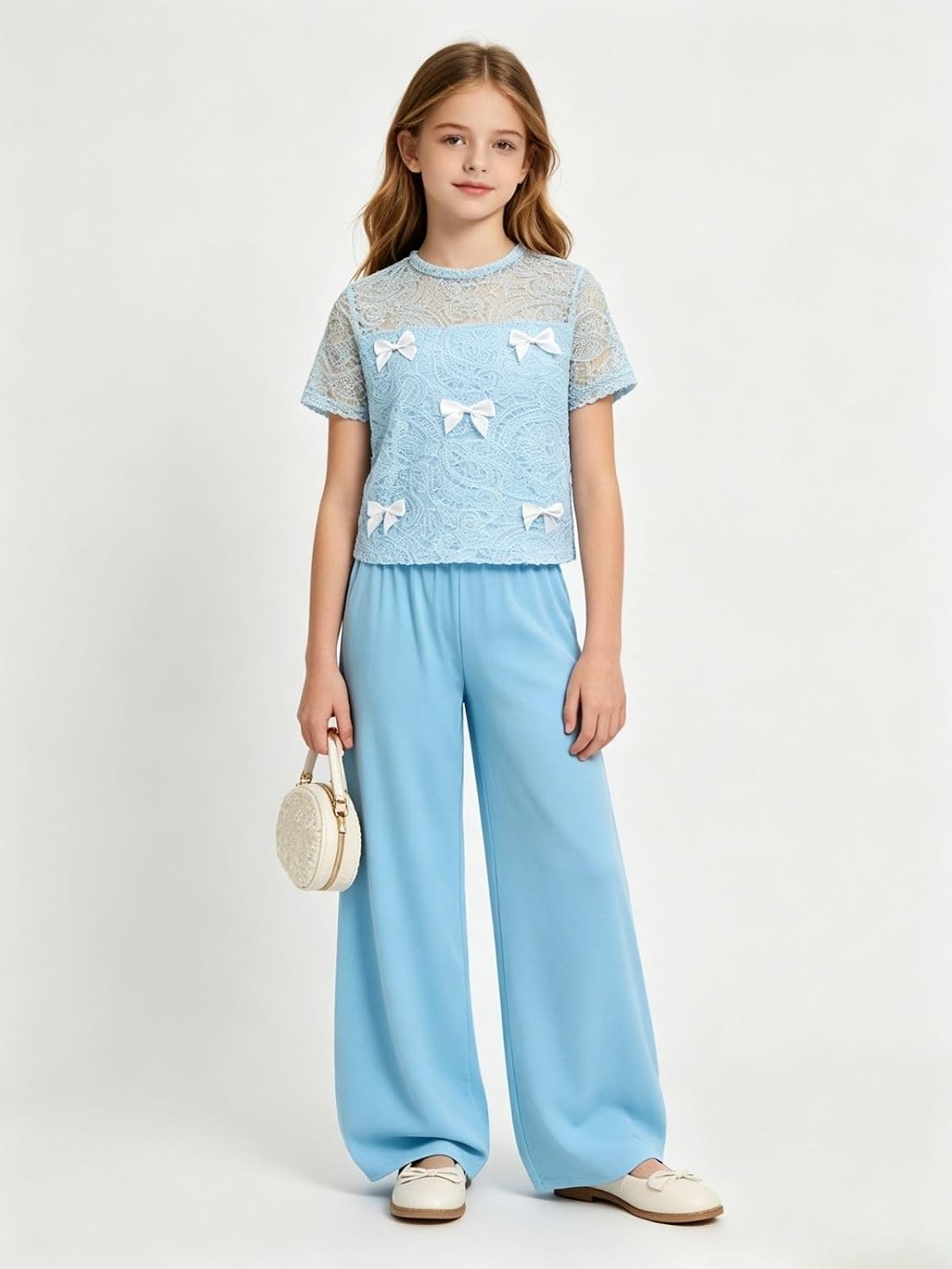 Size 7-14 Years Tween Girls 2 Piece Outfits Bow Lace Short-Sleeved Tops + Wide Leg Pants Clothing Set