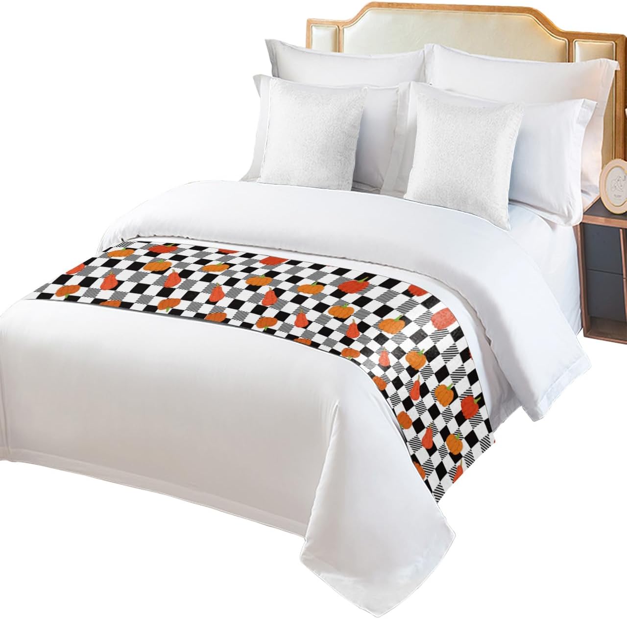 Smile Sunflower Bed Runner Scarf Fall Pumpkin Farmhouse Black Buffalo Plaid Bedding Scarf Decorative Bed Runners Cover for Home Bedroom Hotel Wedding Room Bed Scarf for Foot of Bed Full 83x20in