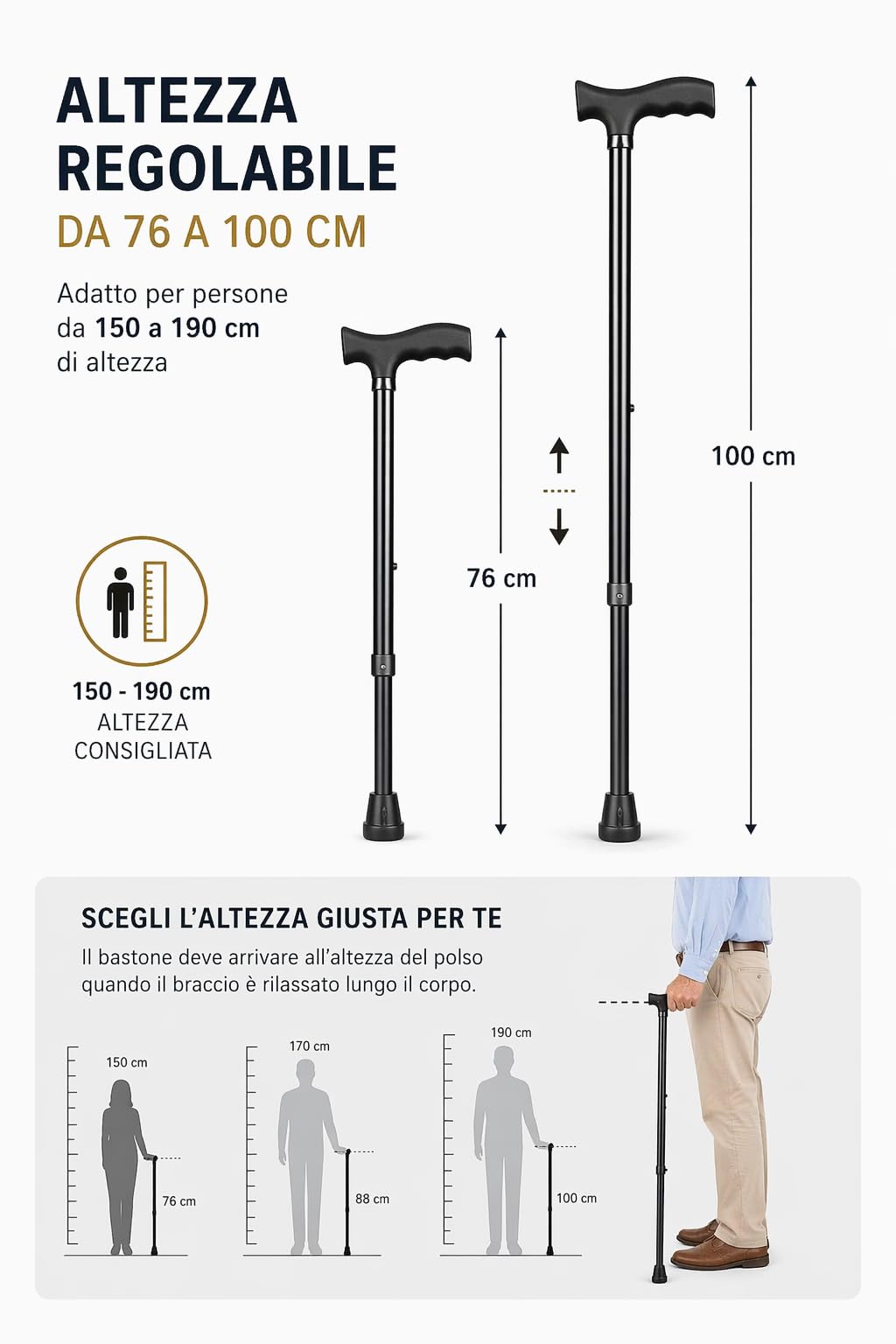 Bastone da Passeggio Regolabile in Lega d'Alluminio, Leggero, Nero, per Uomo e Donna
