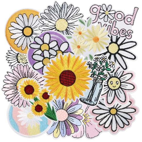 Nicime 16pcs Daisy Iron/Sew on Patches, Cute Flower Embroidered Applique, Fashion Decoration for Clothes, Hat, Bag, Dress, Shirt, Jeans