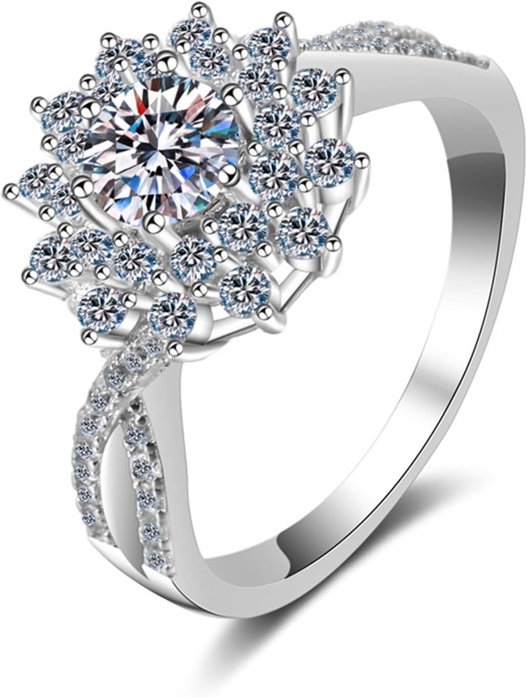 Flower Ring for Women, Promise Ring White Gold Cluster 925 Sterling Silver Round Shape White Cubic Zirconia Comfort Fit