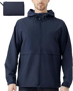 Men's Lightweight Jacket Windbreaker Packable Hooded Raincoat for Hiking Outdoor with Zippered Pocket
