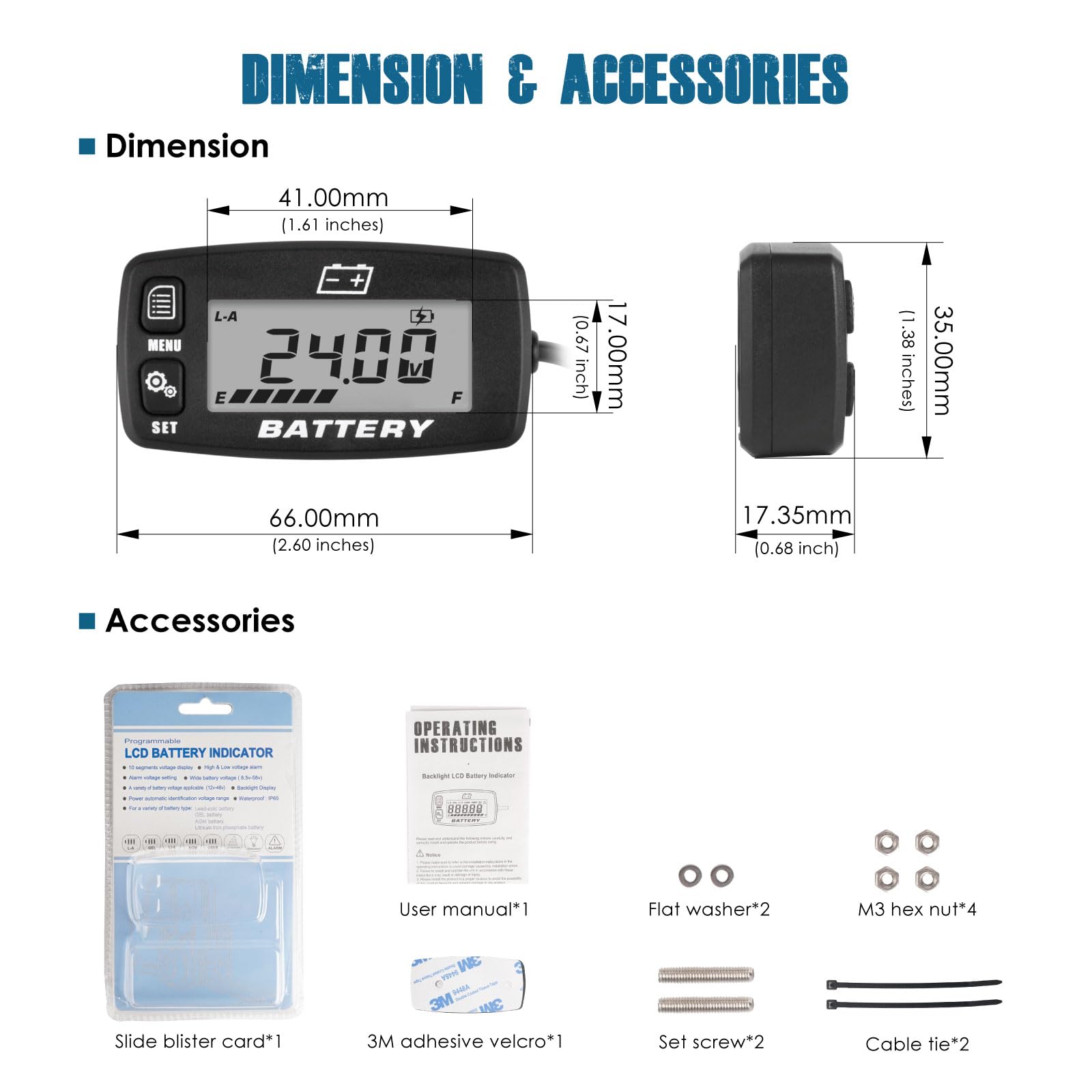 Runleader DC 12V à 48V LCD Indicateur de capacité de la batterie Indicateur de tension Surveillance de charge et de décharge Convient pour les batteries plomb-acide LiFePO4 Gel AGM, fonctionne sur les