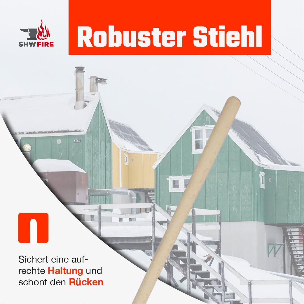 SHW-FIRE | Schneeschieber mit 50cm Schaufel und 144 cm Ovalstiel, Schaufel mit 5-Fach verleimtem Sperrholz mit Stahlschutzkante Premium Schneeschaufel mit Buchenholzstiel | Made in Germany