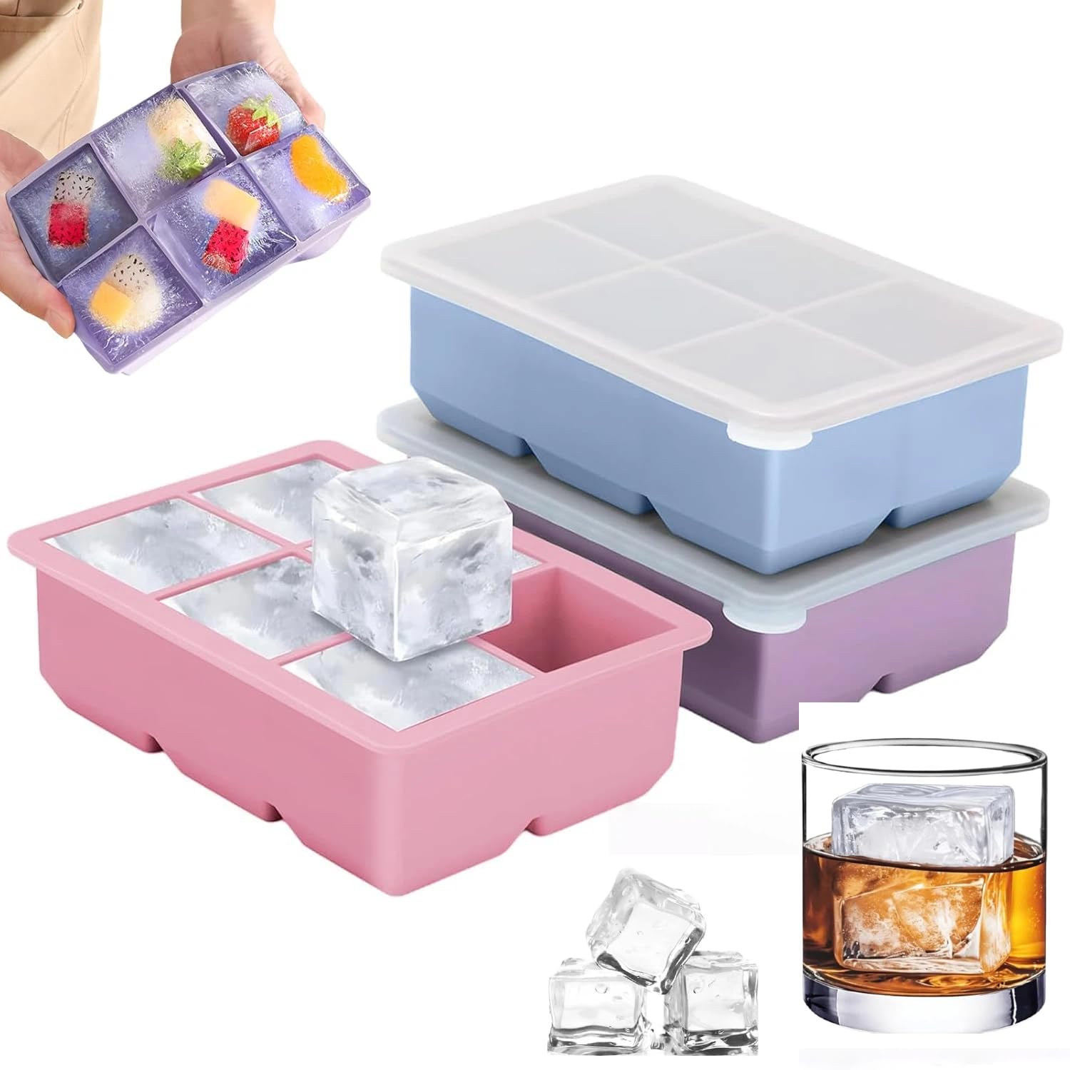 3 Stück Eiswürfelform Silikon mit Deckel, 6 Fach Quadratische Eiswürfelform Silikon, BPA-freie Eiswürfelschalen Eiswürfel Form Ice Cube Tray für Getränke, Whiskey, Cocktail (Blau, Rosa, Violett)