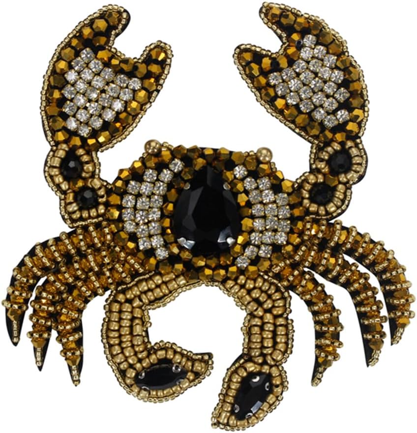 2pcs Crab Lobster Embroidered Beaded Patch Animals Sea World Ocean Series Sew on Emblem Badge DIY Beaded Rhinestones Appliques (C)