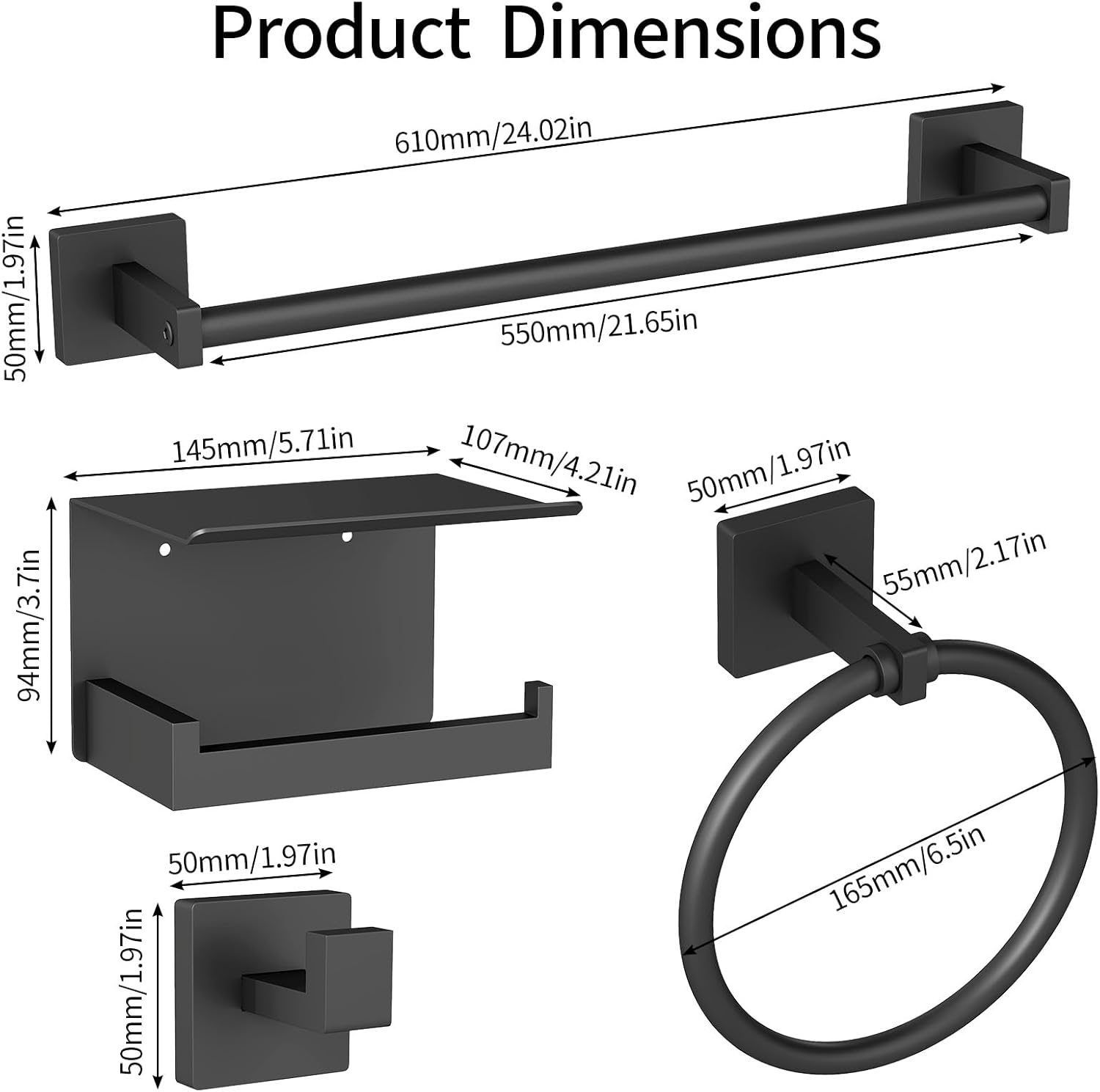 Bathroom Hardware Accessories Set 4-Pieces, Towel Racks for Bathroom Wall Mounted, Stainless Steel 24Inch Black Towel Bar Set, Round Towel Ring, Towel Hook, Toilet Paper Holder with Shelf