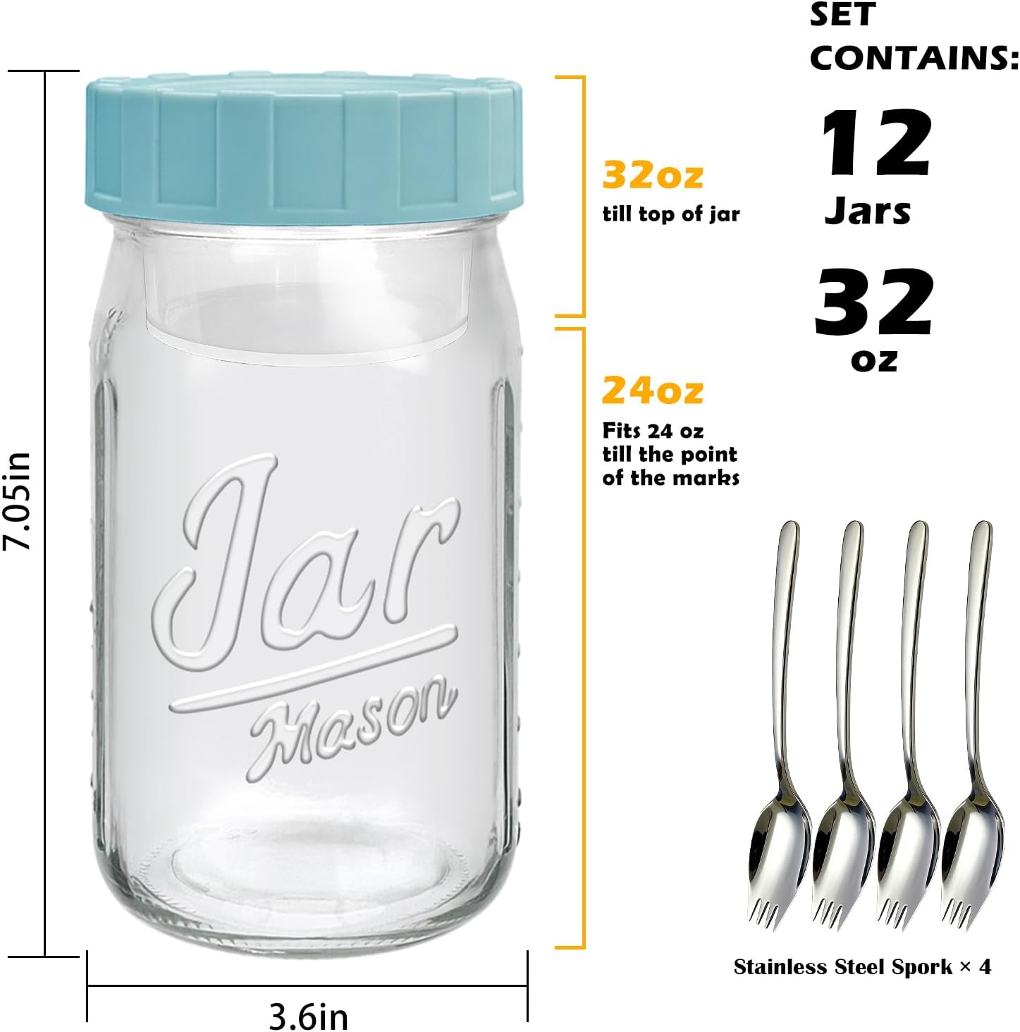 Accguan 32oz Glass Salad Jars with Lids Meal Prep, Leakproof Container Mason Jars for Lunch, Two Small Built-in Boxes with Wet/Dry Separation for salad Dressing and Dry Ingredients, salads Pod,12 Pack