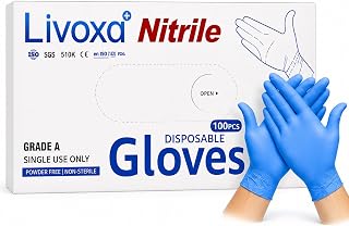 Blue Nitrile Gloves, 100 Pieces, Powder Free, Latex Free, Disposable Gloves for Kitchen, Food Preparation, Cleaning, Salon, Painting, Household and Everyday Use, Medium