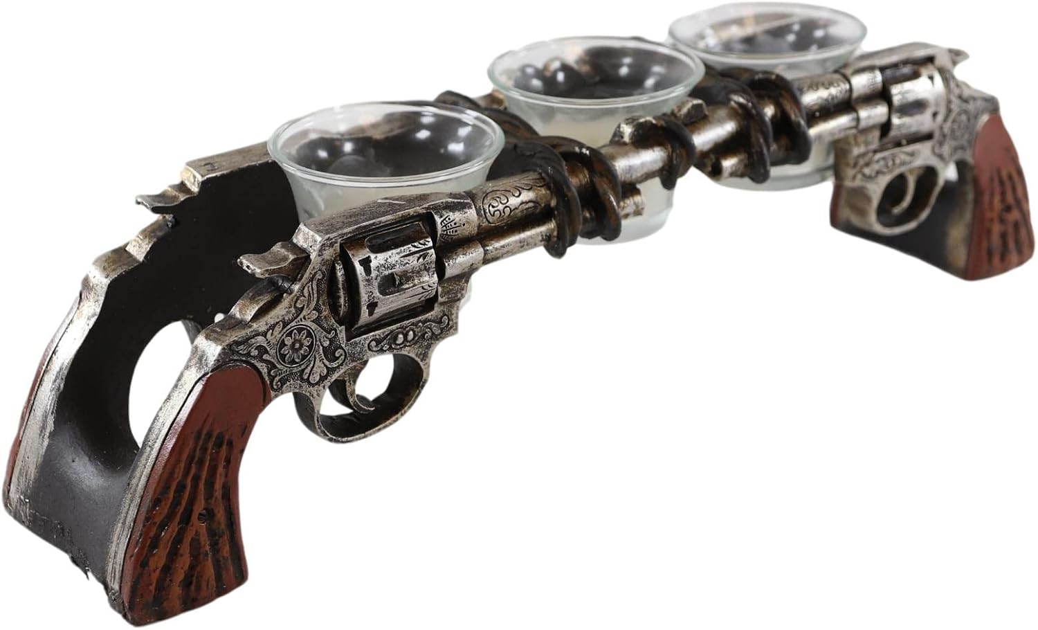 Ebros Gift Rustic Old World Western Cowboy Dual Six Shooter Revolver Pistol Guns Votive Tea Light Candle Holder with 3 Glass Inserts Decorative Figurine Country Accent T-Lite Candleholders
