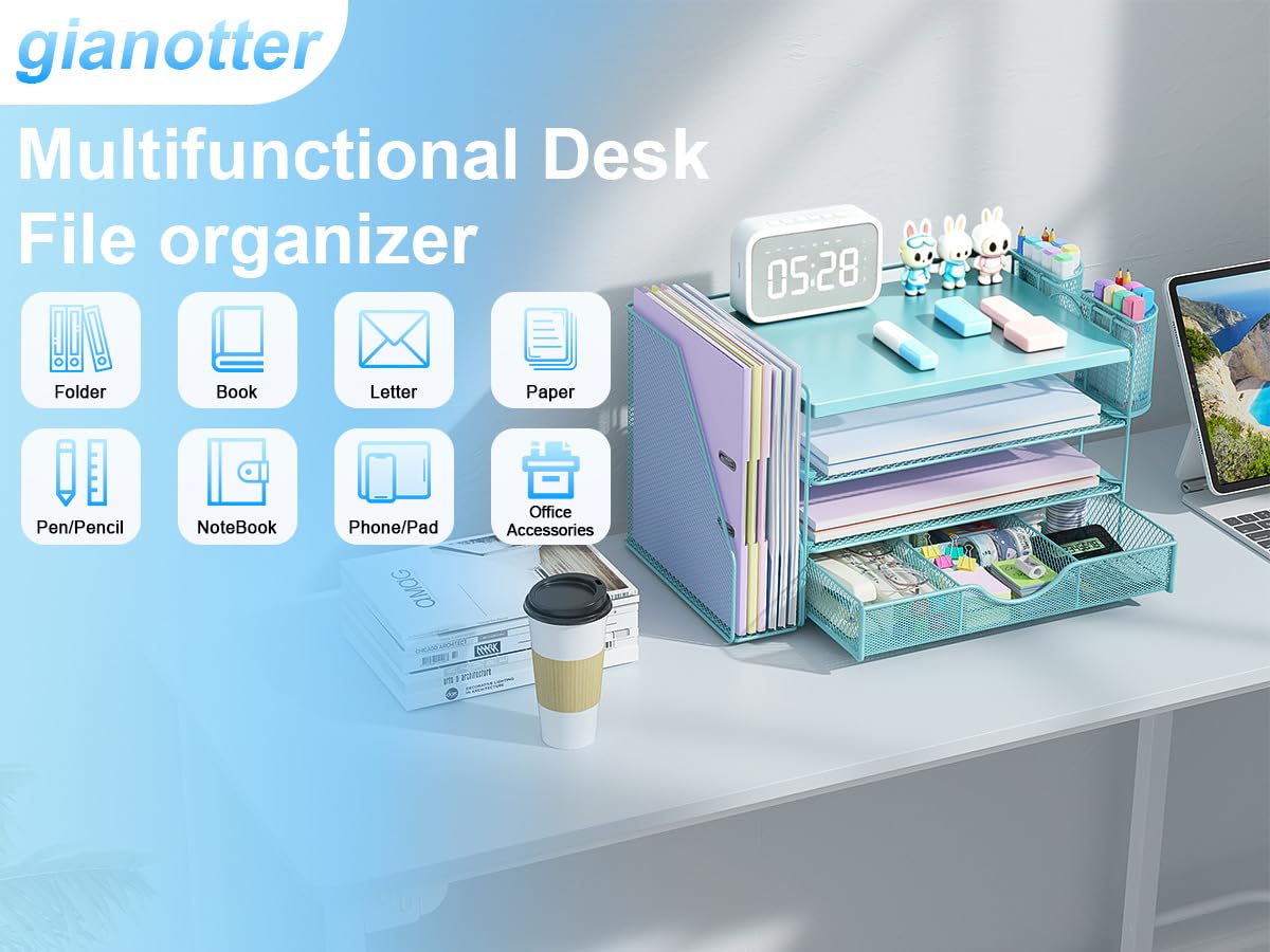 gianotter Desk Organizers and Accessories with File Holder, 4-Tier Desk Accessories & Workspace Organizers with Drawer and 2 Pen Holder, Desk Reference Organizer (Blue, 4T with Metal Drawer) view 7