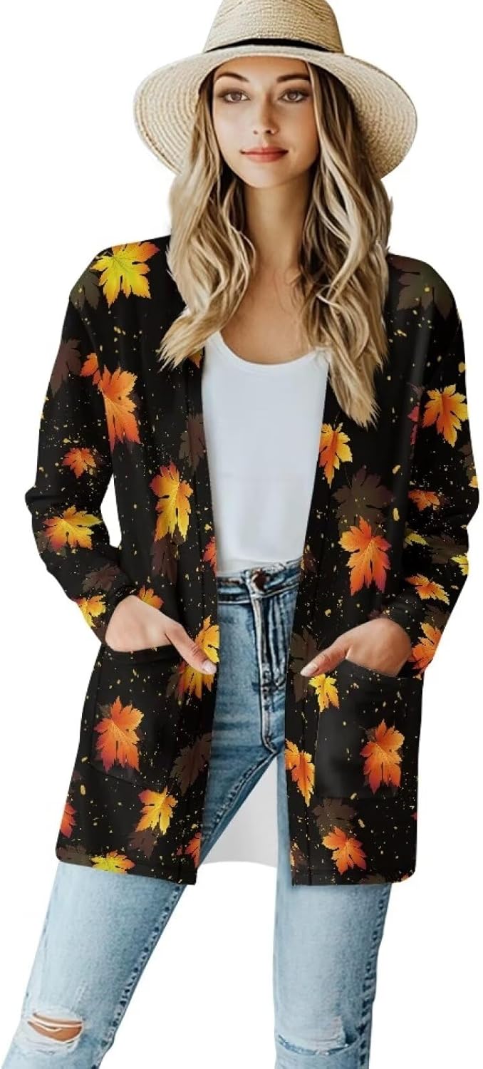 Fall Maple Leaf Cardigan Sweaters for Women Long Sleeve Cardigan Soft Drape Open Front Dusters V-Neck Jackets Dressy