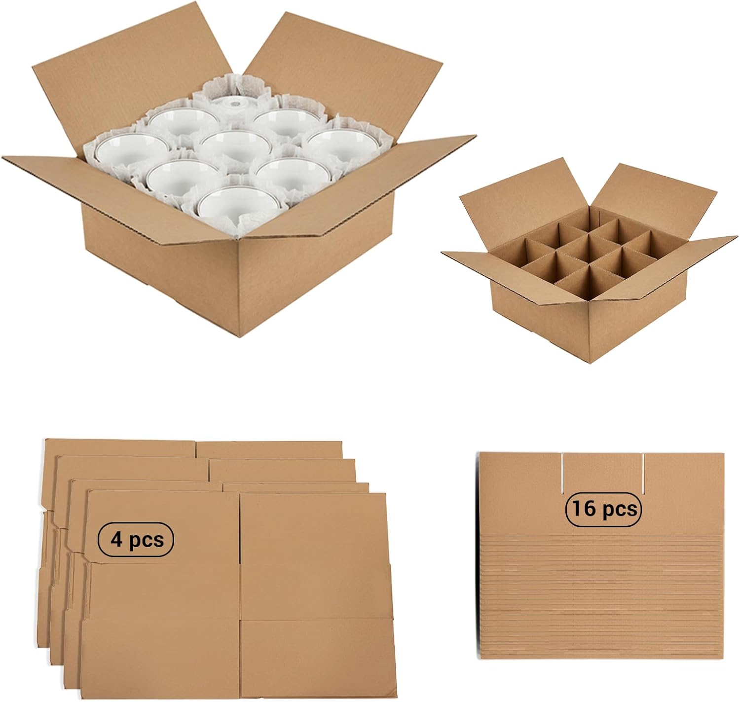 ZSZMFH 4 Sets Moving Boxes with Divider Kits, 12.7 x 12.7 x 4.7 Inches Kitchen Moving Boxes, Glassware Dish Packing Box Contains 16 Corrugate Dividers and 36 Foam Pouches