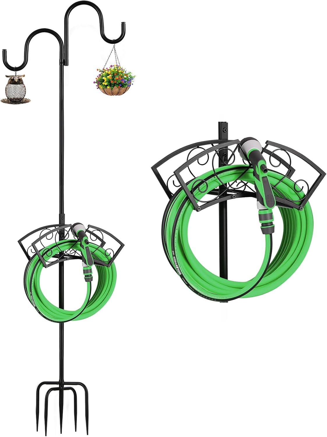 Garden Hose Holder, Upgraded Water Hose Holder, 2-in-1 Heavy Duty Hose Stand, 88Inch Freestanding Hose Hanger, Detachable Garden Hose Storage Rack with Adjustable Shepherds Hooks, Bird Feeder Pole