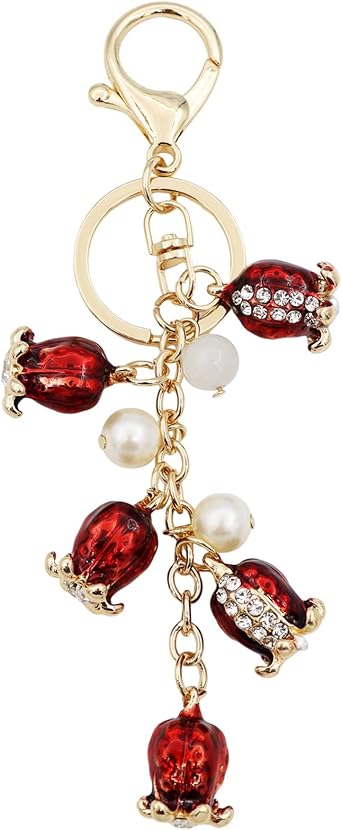 Elechobby Red Vibrant Pomegranate Flower Keychain with Pearl Pendant,Elegant Gold-Tone Key Ring for Women,Colorful Bright Keyring
