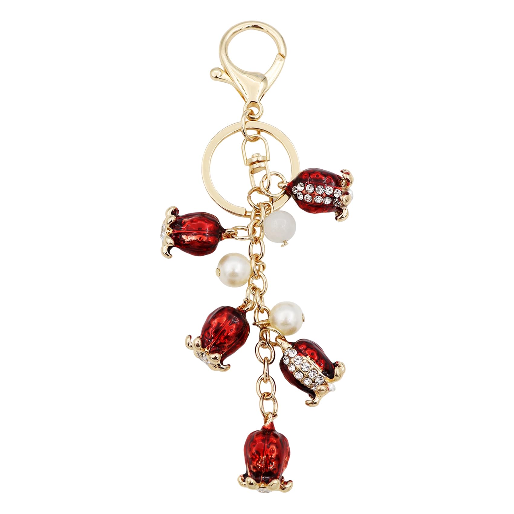 Elechobby Red Vibrant Pomegranate Flower Keychain with Pearl Pendant,Elegant Gold-Tone Key Ring for Women,Colorful Bright Keyring