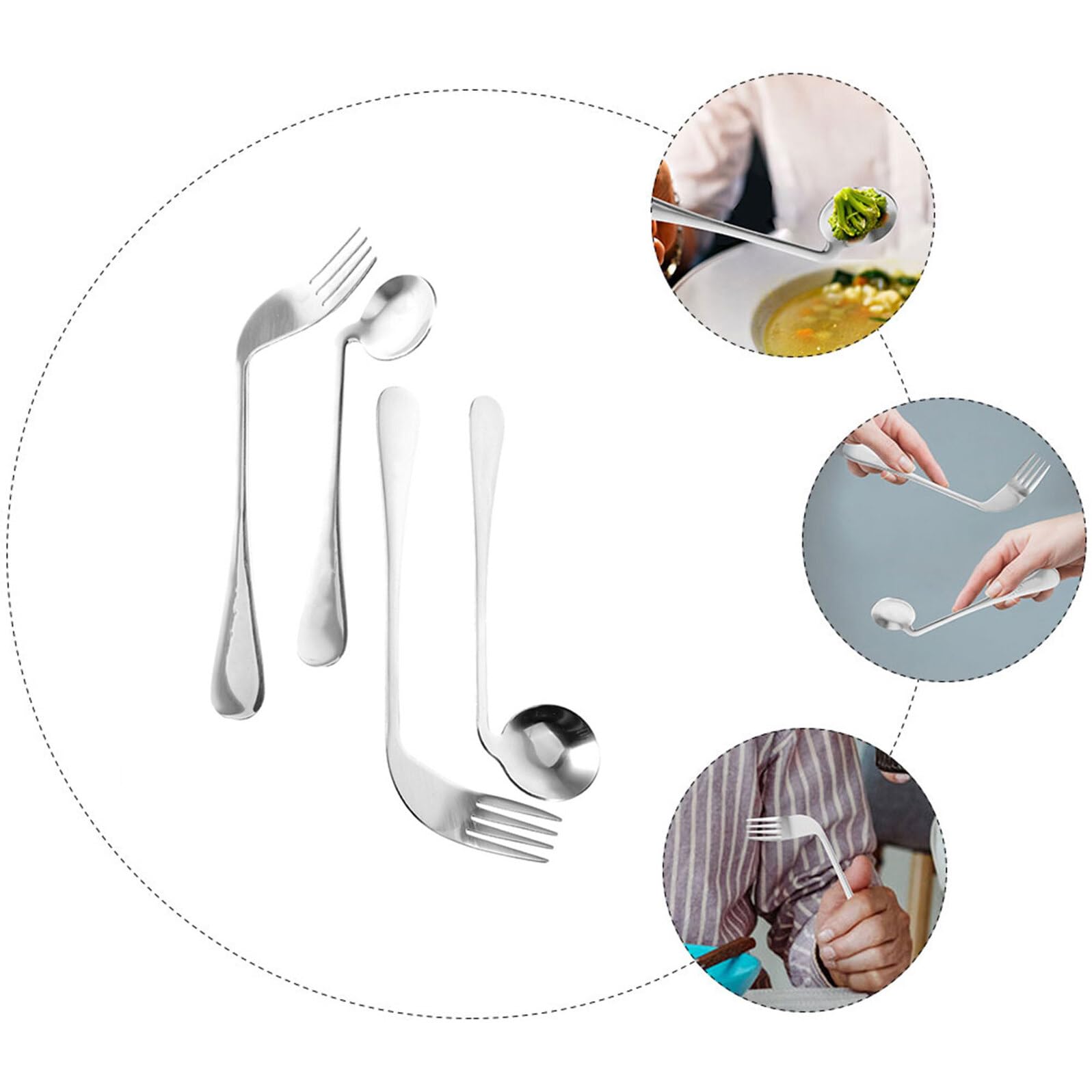 Generico Set 4 Utensili Angolati in Acciaio Inox per Autoalimentazione Anziani e Disabili, Cucchiai e Forchette Ergonomiche per Assistenza Pasti a Letto, Utensili Pesanti per Presa Debole