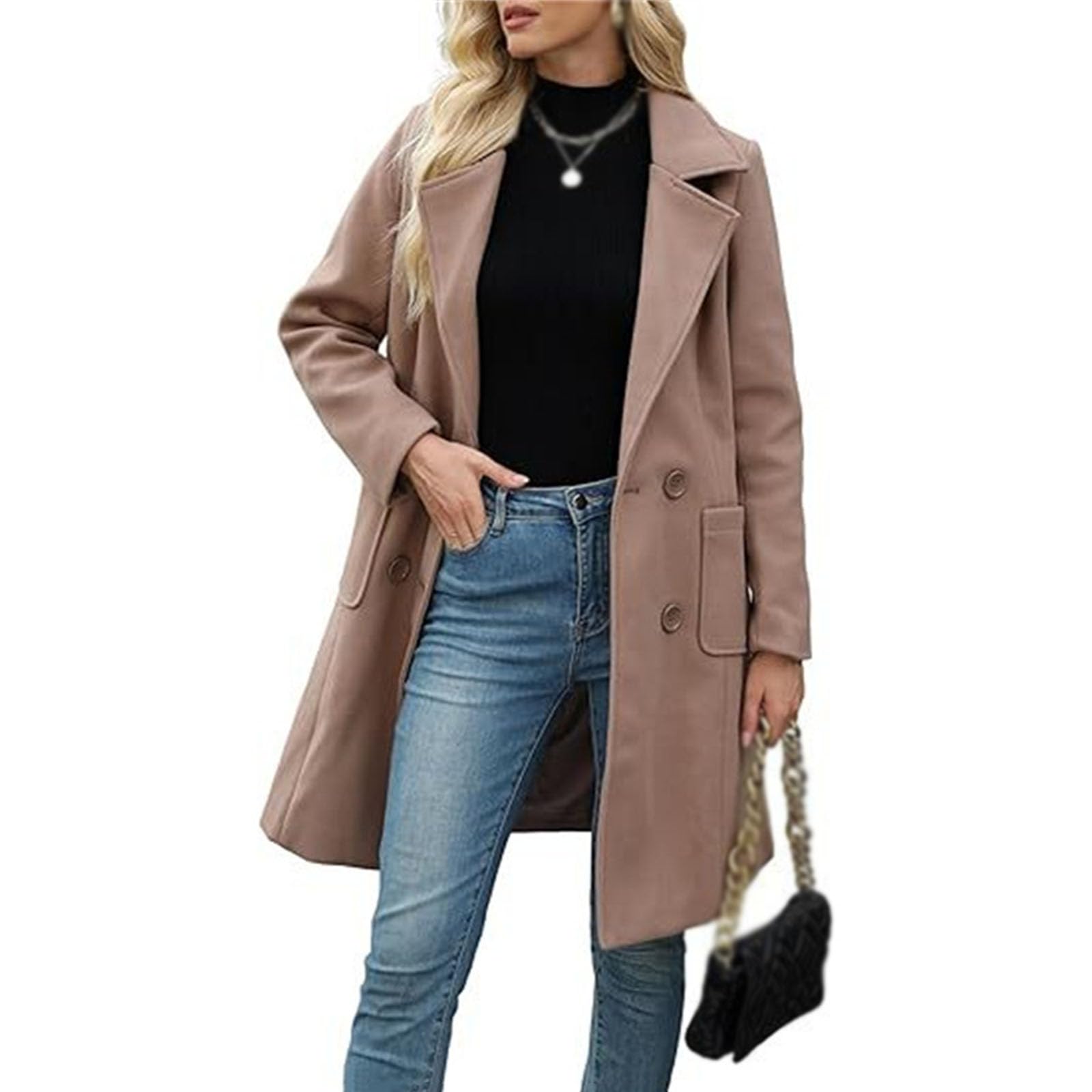 Cappotto invernale da donna in lana casual con risvolto a tacca monopetto cappotto autunnale cardigan con risvolto di media lunghezza soprabito con tasche