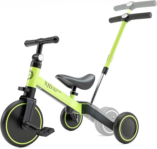 XJD 4 in 1 Kids Tricycles for 1-3 Years Old Kids Balance Bike with Parent Handle Putter Toddler Trike for Baby with Adjustable Seat and Detachable Pedals Baby Walker(Green)
