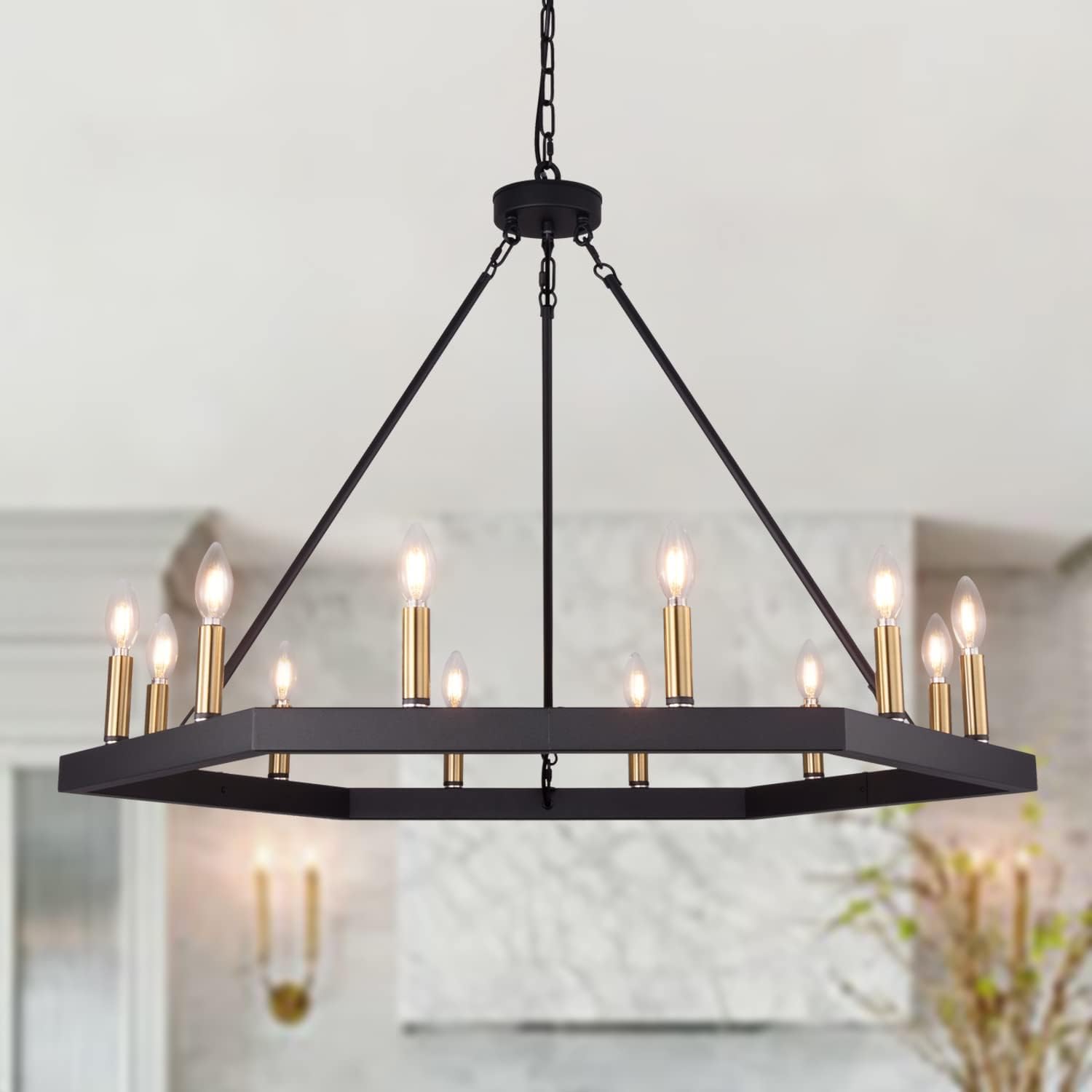 Wellmet 12 Light Large Chandeliers for High Ceilings, Modern Farmhouse Wagon Wheels Chandeliers 40" Diameter, Black and Gold Light Fixture for Foyer, Dining Room, Living Room, Hexagon Shape