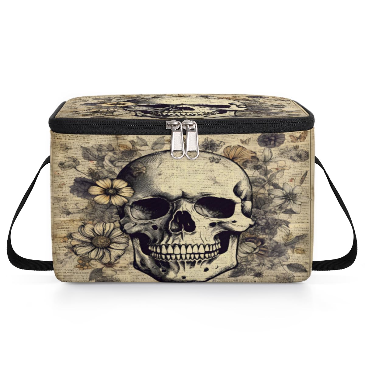 GzLeyigou Skull Lunch Bags for Women Men 9 Cans, Hot & Cold Food Delivery Bag Insulated Grocery Bag Insulated Lunch Box Skull with Rose Cooler Bag for Office Work Picnic Beach