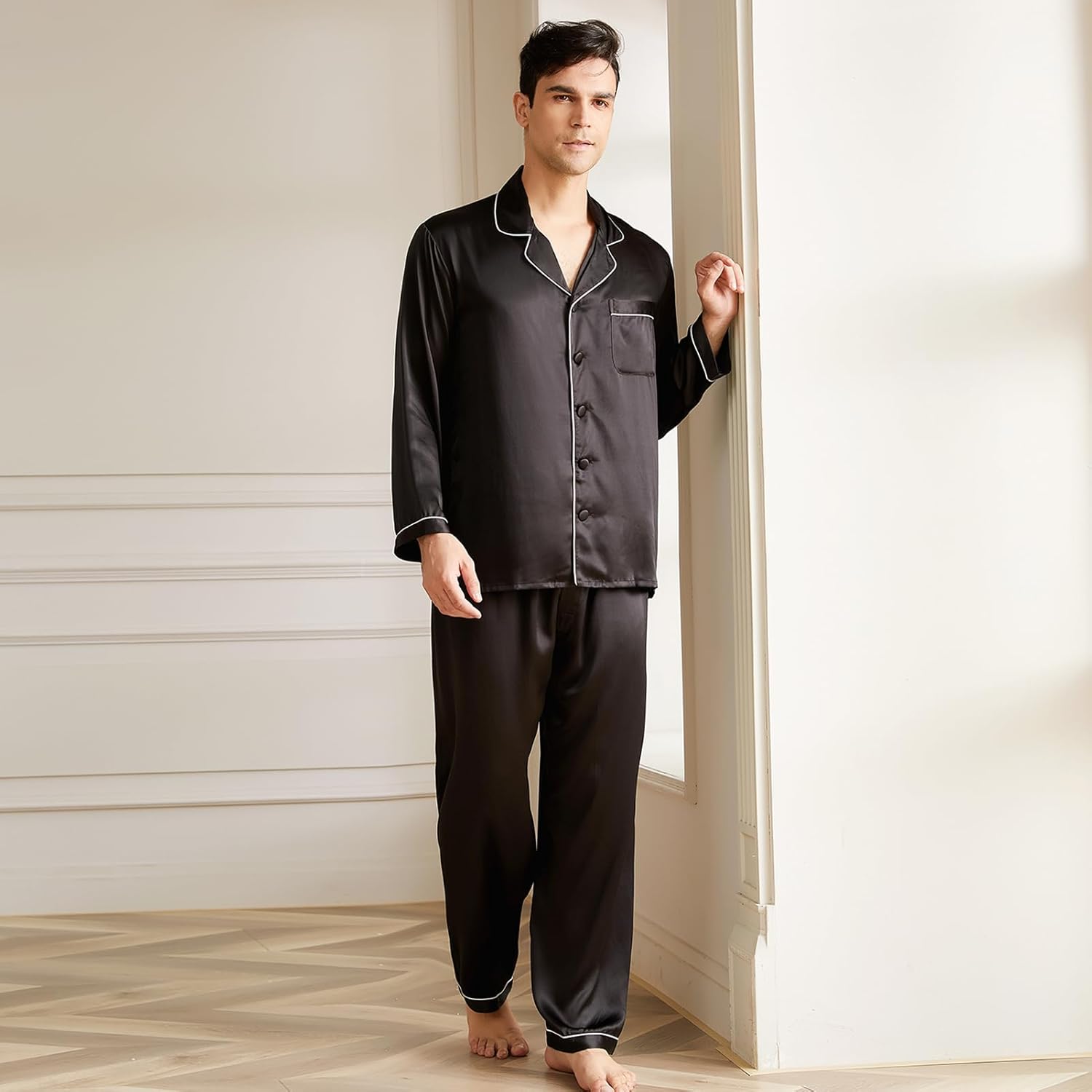 THXSILK Silk Pajamas for Men, 2 pcs Long Pajamas Set, 19 momme Mulberry Silk, Lightweight and Luxury