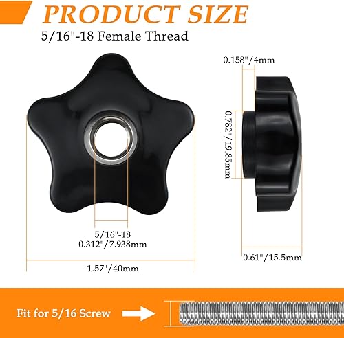 Vista 2 de Aifeier ET 4 pomos de rosca hembra 5/16-18 de nailon negro con 5 estrellas en forma de cabeza de sujeción (ID 0.312"/7.938mm)