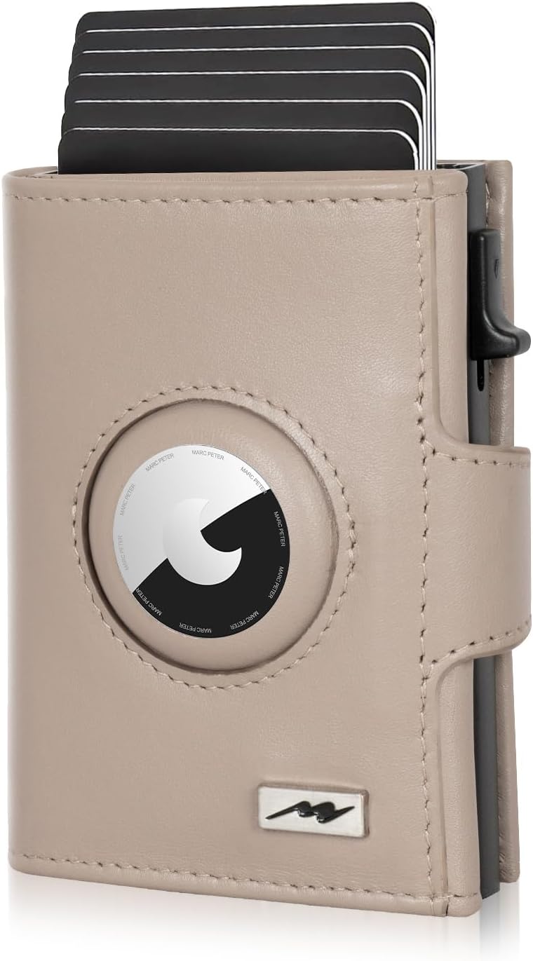Marc Peter® Chicago Lederen Push Air Slim Wallet - AirTag Portemonnee met muntenvak - RFID Bescherming Kleine Mini Portemonnee Leer, carbon, XL MÜNZFACH MIT AIRTAG FACH, Klassiek
