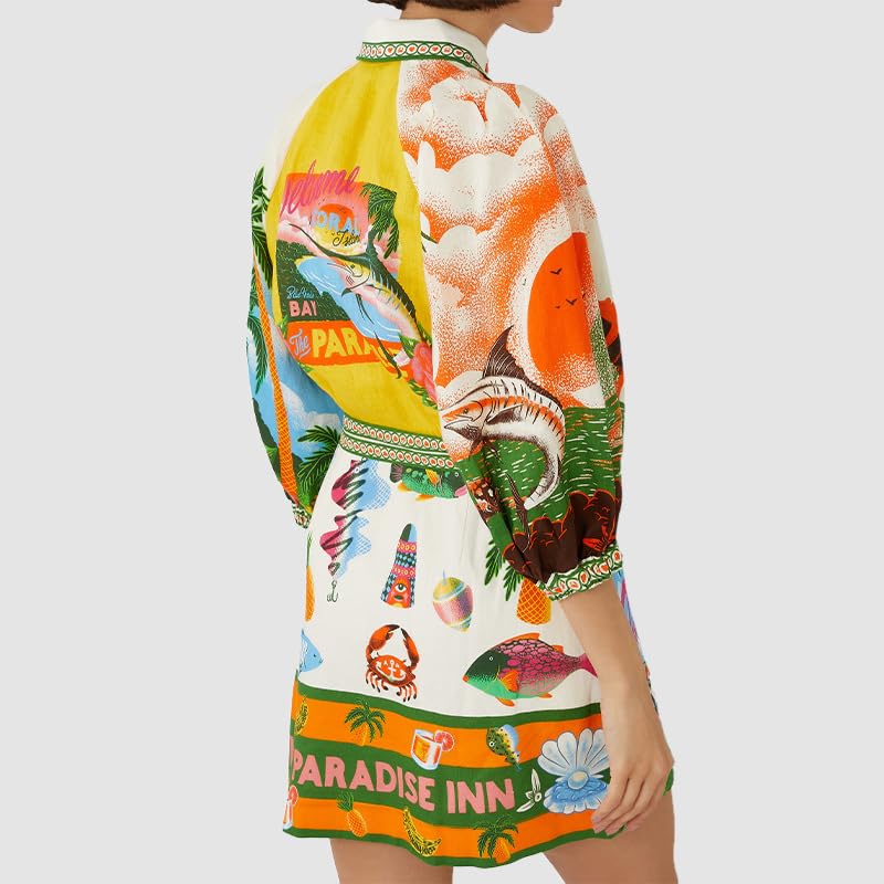 Image of Women's Summer Casual Short Dress, 2025 Vacation Style Printed Lace-Up Cardigan Elegant Vibe Short Dress Green