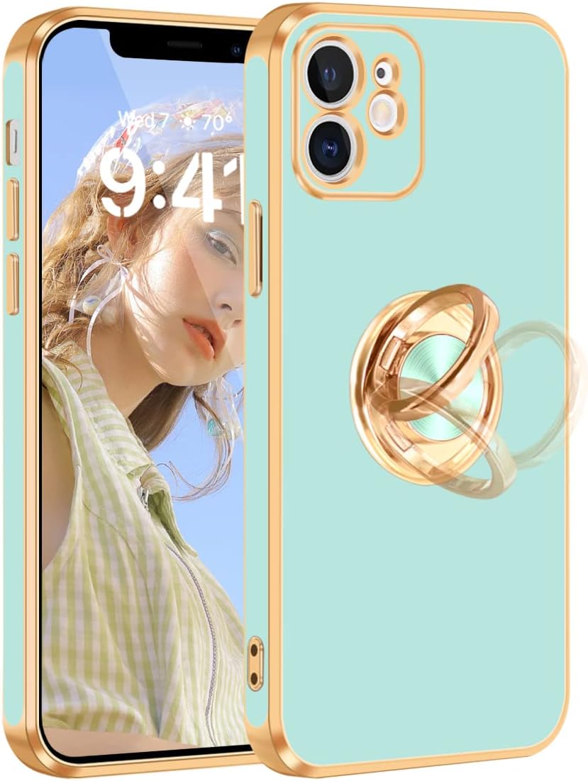 Fingic iPhone 12 Case, iPhone 12 Phone Case with Stand, [360° Rotatable Ring Holder Magnetic Kickstand] [Shiny Plating Gold Edge] Slim Soft TPU Shockproof Protective Case for Women Men, Teal/Gold