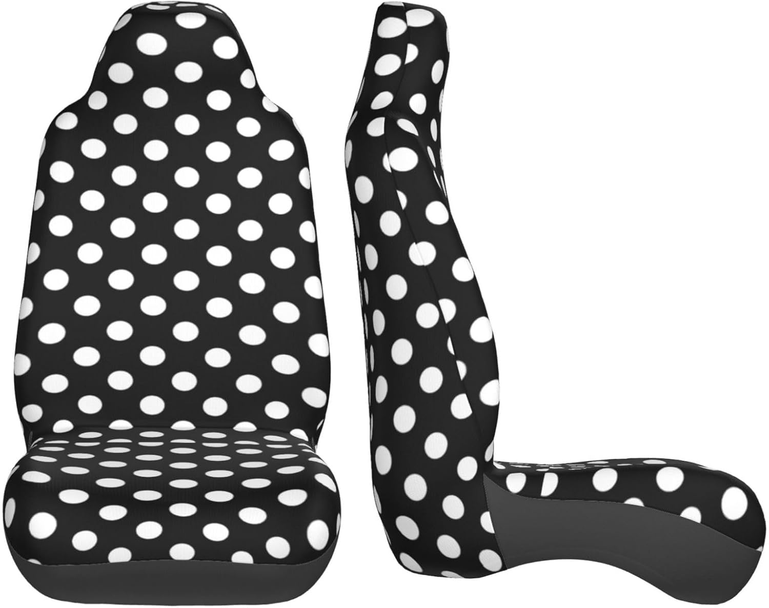 White Black Polka Dot Front Seat Covers 2 Pack, Vehicle Seat Protector Car Mat Covers, Fit Most Bucket Seats