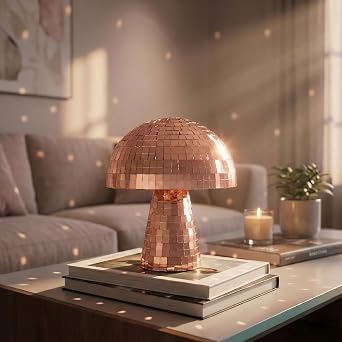 Mushroom Disco Ball Decor, 7 Inch Rose Gold Disco Ball Mushroom | Mirror Tile Disco Home Decor, Retro Room Shelf Accent, Party Table Decor