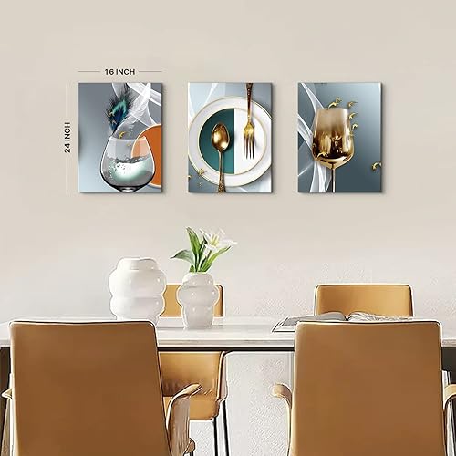 Miniatura 6 de AIYISU 3 piezas de arte de pared de cocina con copas de vino para decoración de pared del comedor Cuadros de copas de vino en teja, gris y oro