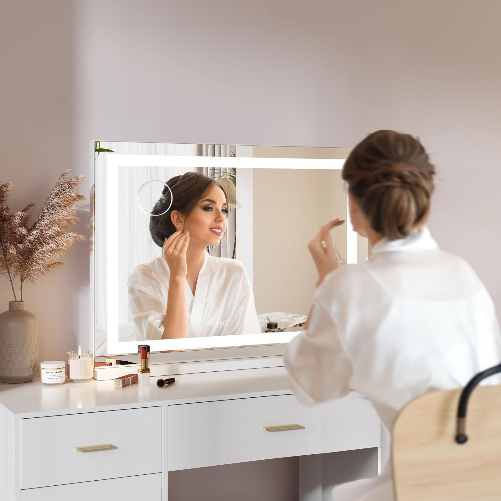 Dripex Miroir Maquillage Lumineux 80 x 58cm, Miroir LED Contrôle Tactile, 3 Modes, Luminosité Réglable, Port USB & Type-C, Grossissante Inclues, Miroir de Table et de Mur - Blanc