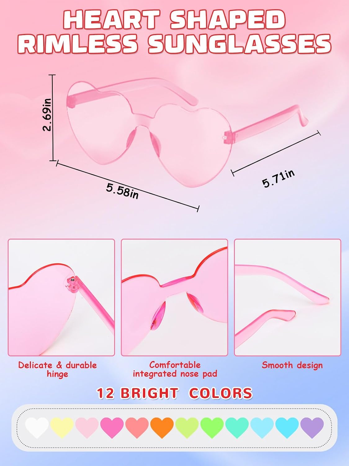 12 Pairs Heart Shaped Sunglasses Rimless Star Glasses for Men Women Party Favors Fun Colorful Glasses Accessories