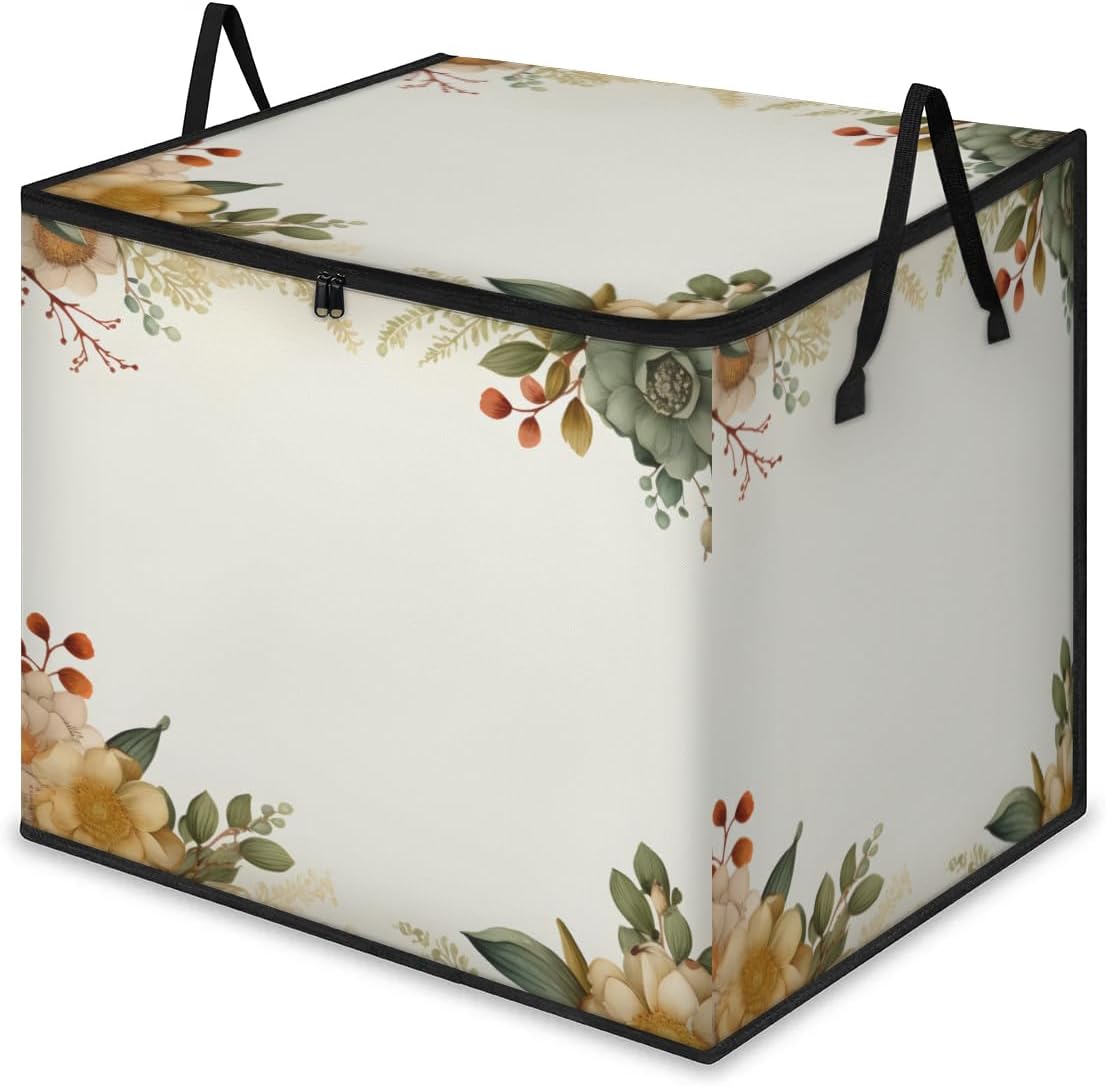 Honeybaby 214L Extra Large Comforter Storage Bag Colorful Flowers Wreath Storage Totes with Lids Waterproof Closet Organizer Folding Blanket Storage Bags for Clothes Bedding Pillows