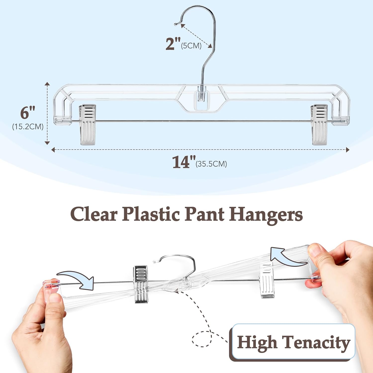 HOUSE DAY Clear Pants Hangers with Clips 200 Pack, Non-Slip Plastic Skirt Hanger with Adjustable Clips, Slim Clip Hangers for Pants, Skirts, Shorts, 14" Clear Hanger, 360-Rotating Swivel Hook