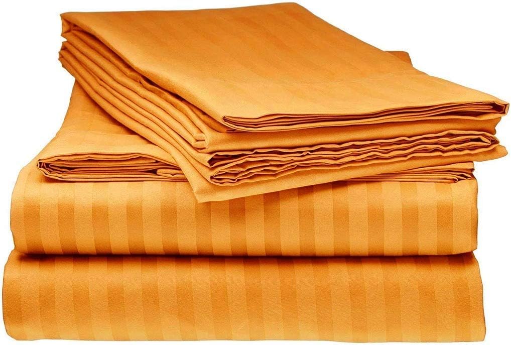 LaxLinen Super Soft Quality 100% Egyptian Cotton 6 PCs Sheet Set 30" Inch Extra Deep Pocket Queen Bed Size, Gold Stripe 500-Thread Count