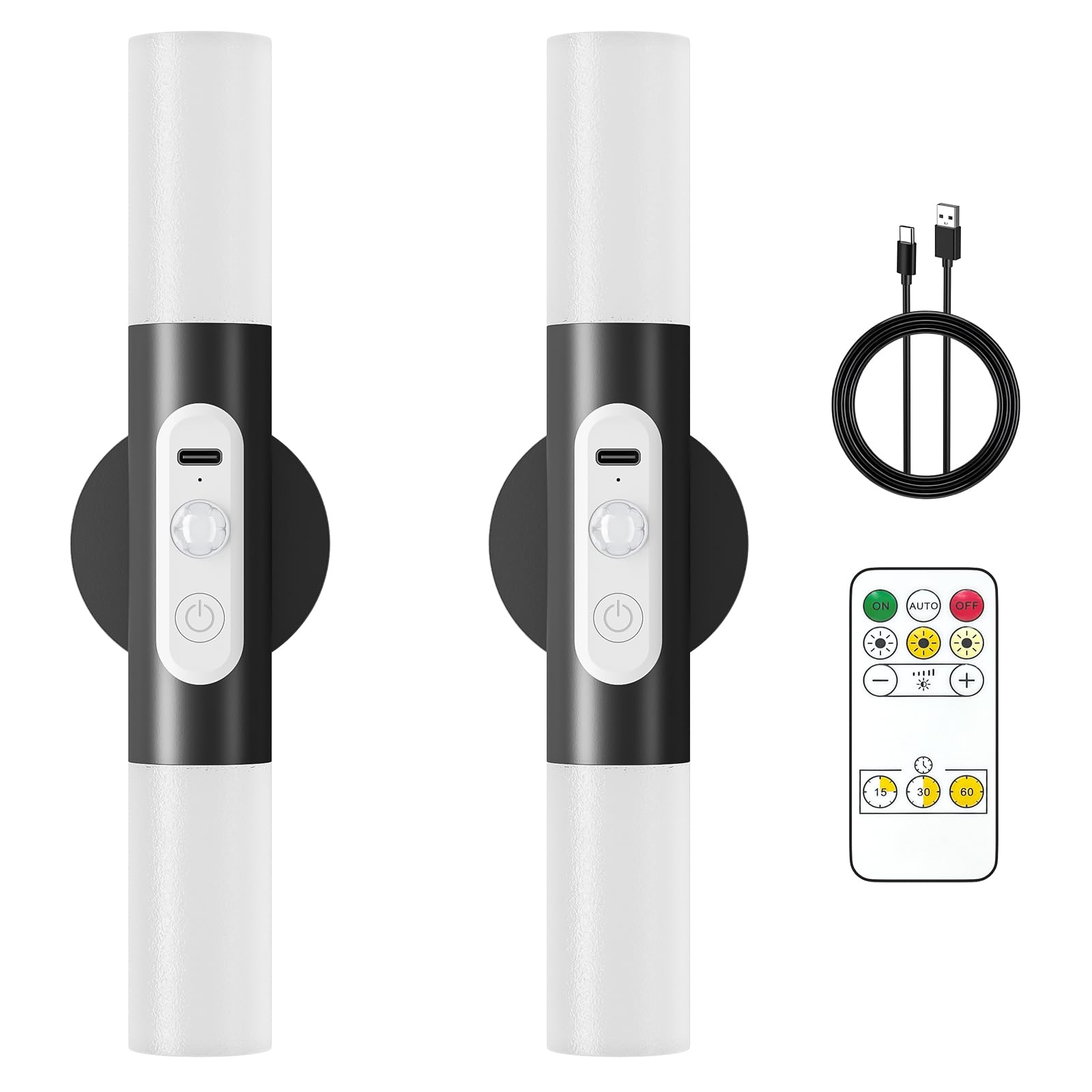 Hensam Bewegungsmelder Wandleuchte mit Fernbedienung, Kabellose Wandlampen mit Akku für Schlafzimmer, LED Nachtleuchte für Innenbereich - Wohnzimme, Flur, Treppenhaus, Wandbild, Schwarz, 2er-Set