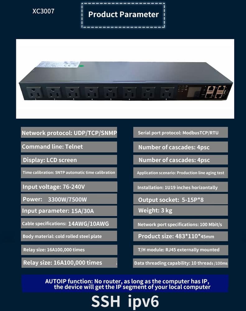 8-bit 5-15P Smart PDU Rack-Mounted Power Distribution Unit SSH SNMPV1 V2 V3, telnet, 485modbus-TRU-TCP Protocol