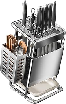 Knife Block with Drain Tray, Knife Holder without Knives, Kitchen Storage Knife Rack Decoration, Slanted Knife Stand, Countertop Knife Storage, Carbon Steel Cutlery Display Organizer Silver,C